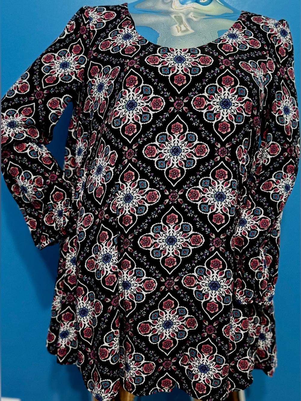 Tassels N Lace Black Kaleidoscope Print Long-Sleeve Women's Tunic S